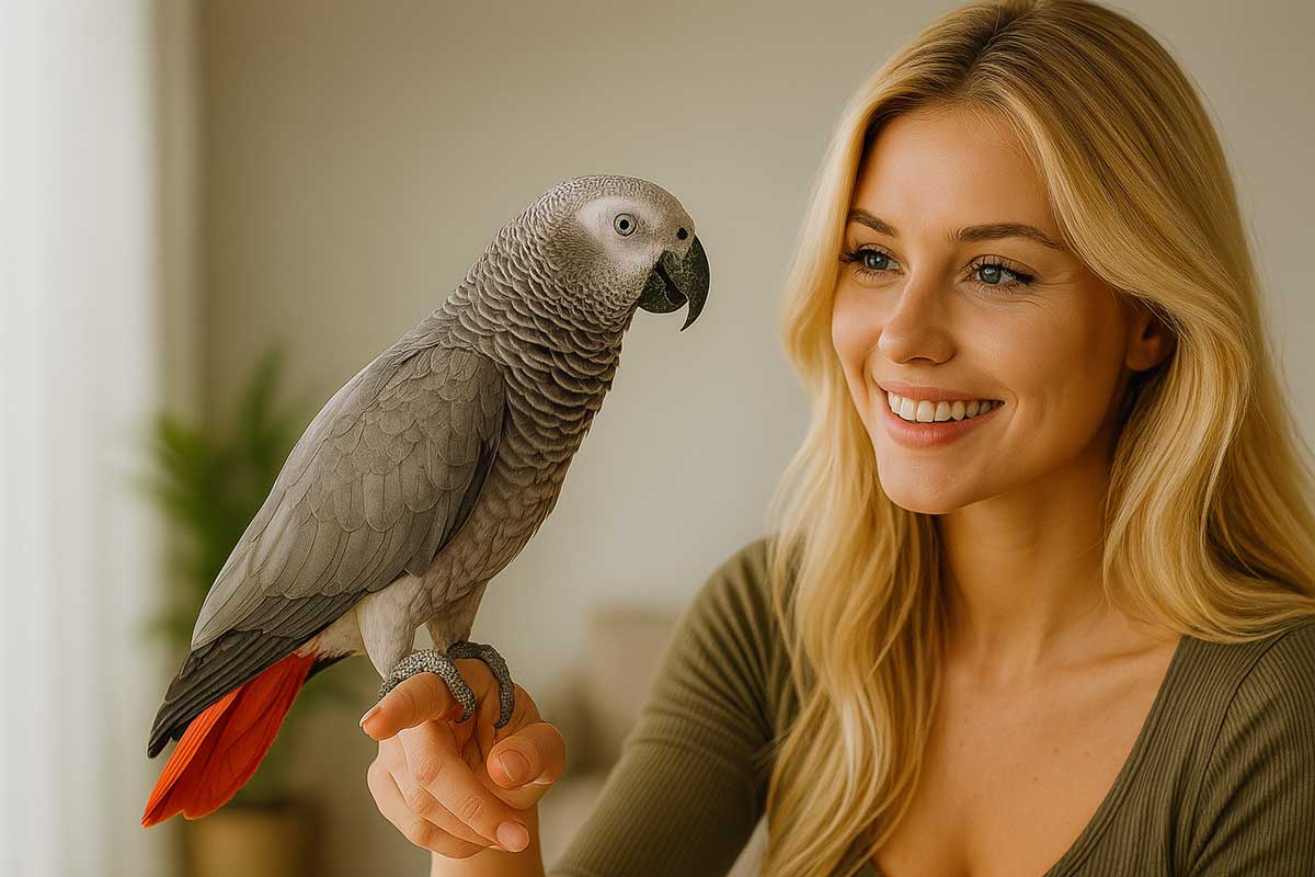 Ručno hranjeni papagaji - žena drži na prstu afričkog sivog papagaja